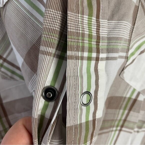 Timberland Mens short sleeve plaid tan green cotton snap closure button down top - Picture 6 of 10